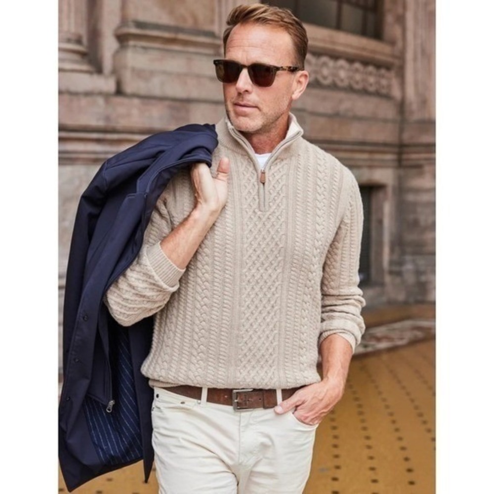 NWT Collars and‎ Co Napoli Cable Knit Quarter Zip Wool & Cashmere Sweater Small